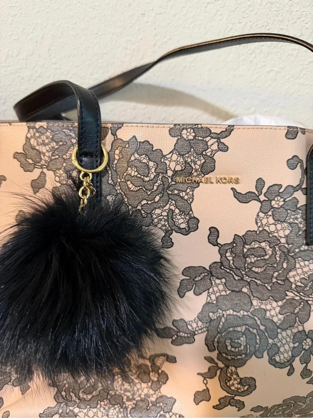 Michael Kors Blush Pink Floral Lace Tote with Black Pom